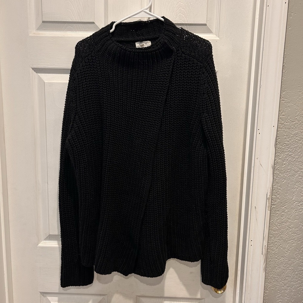 Lou & Grey Black Chunky Knit Asymmetrical Snap Neck Wool Blend Sweater Large